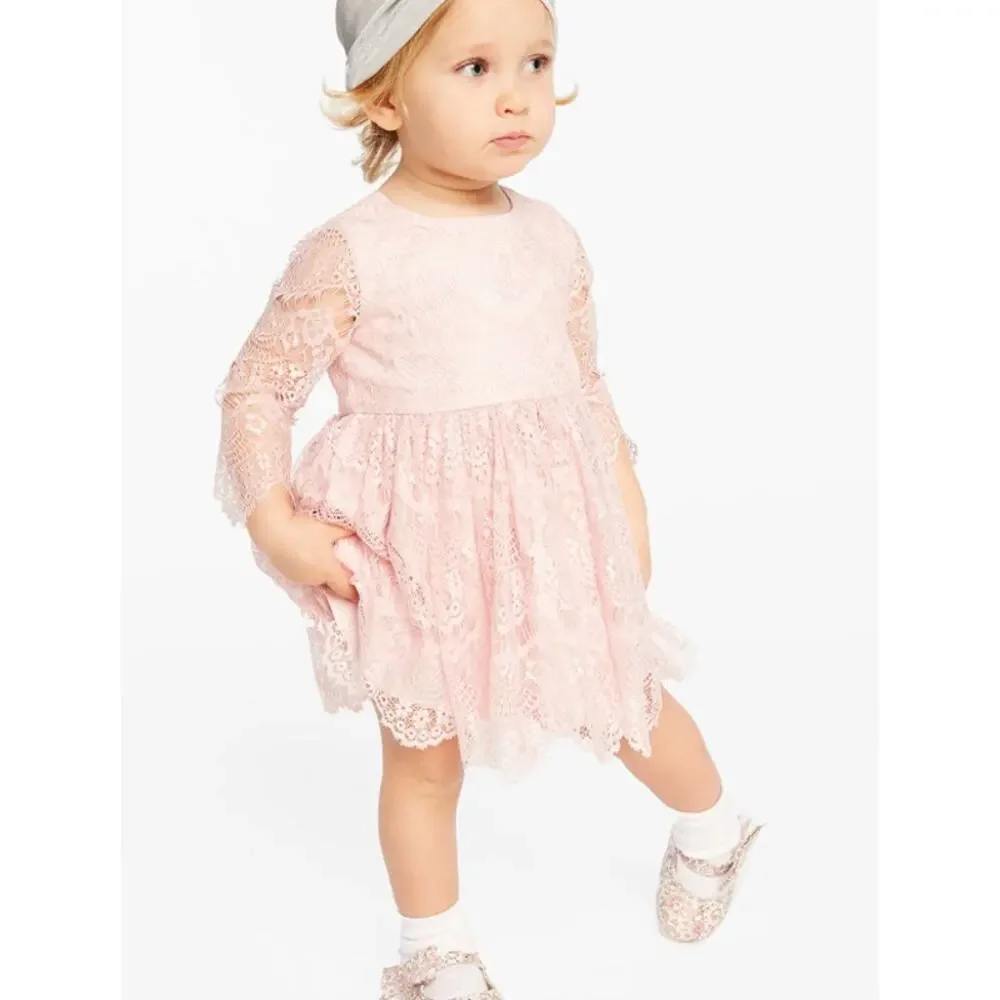 BARDOT Baby Girl Gertrude Lace Dress 12-18 Months Pink Long Sleeve NWT